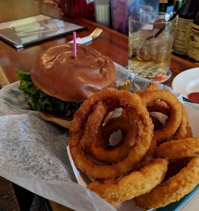 Cheeseburger with onion rings at Oakcrest Tavern in Madison