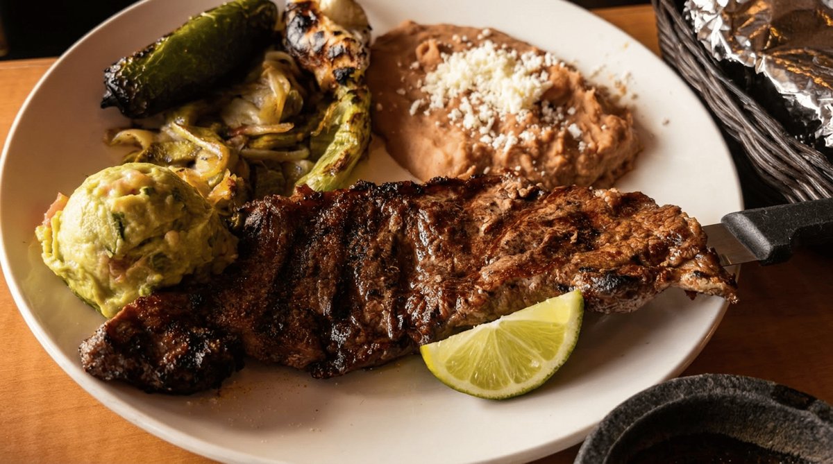 Grilled carne asada with guacamole, refried beans with queso fresco, roasted jalapeno, grilled onions, and lime at La Mestiza in Madison