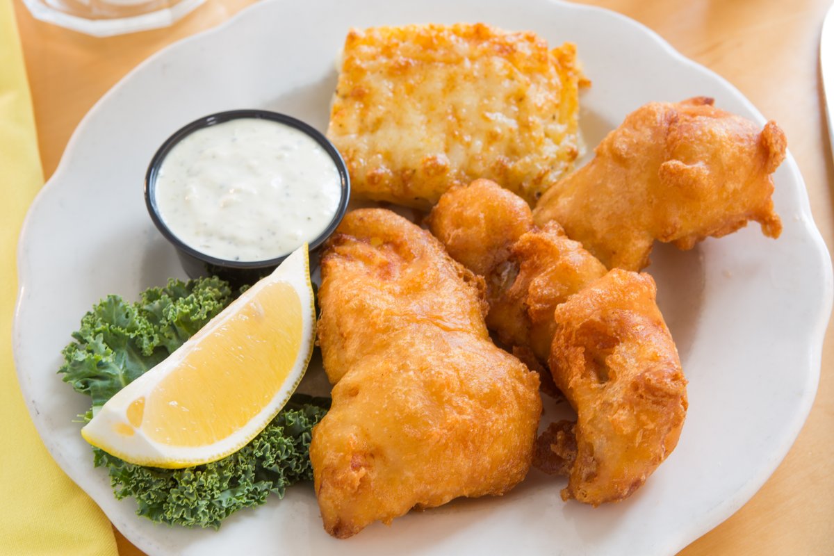 Beer-battered fish fry with tartar sauce and lemon at Quivey's Grove in Fitchburg