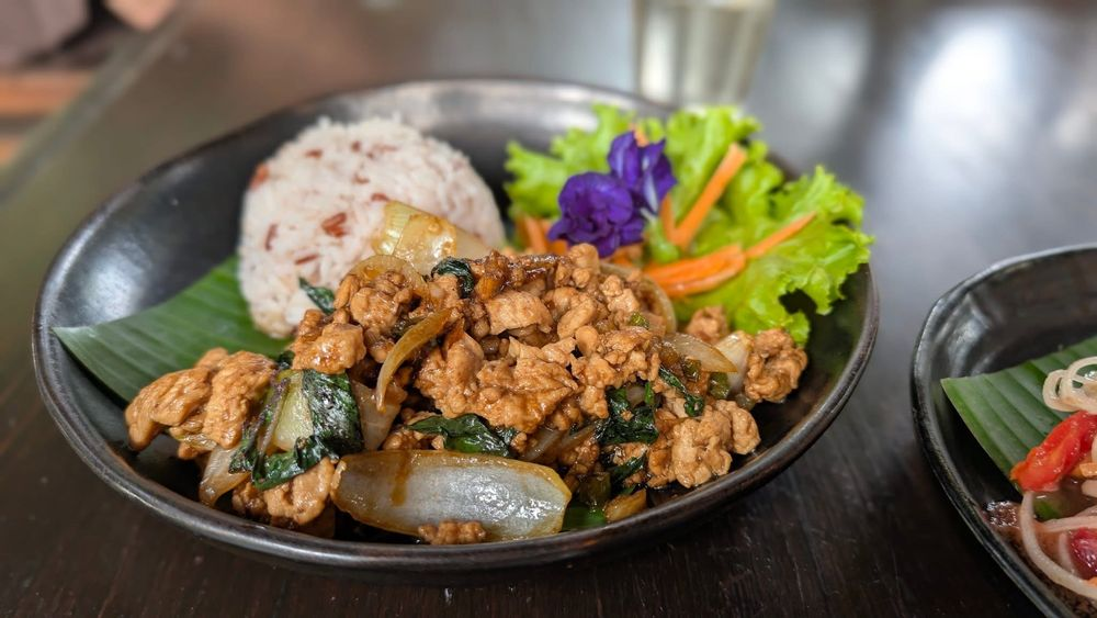 Thai basil stir-fry with rice and garnish from BROThAi Thai food truck in Madison